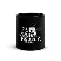 Black mug with 'FUR. FAITH. FAMILY.' text on a white background
