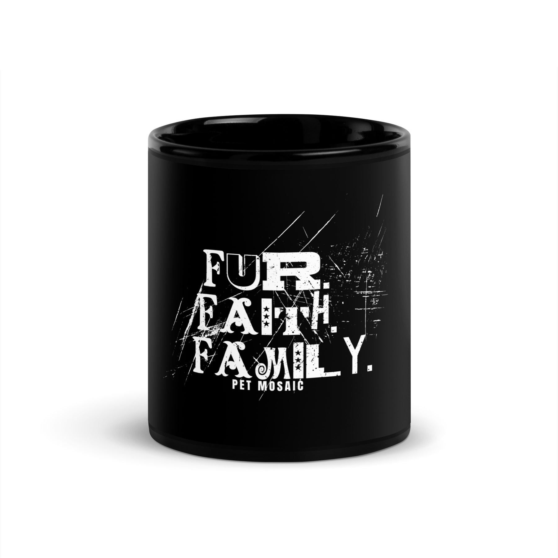 Black mug with 'FUR. FAITH. FAMILY.' text on a white background