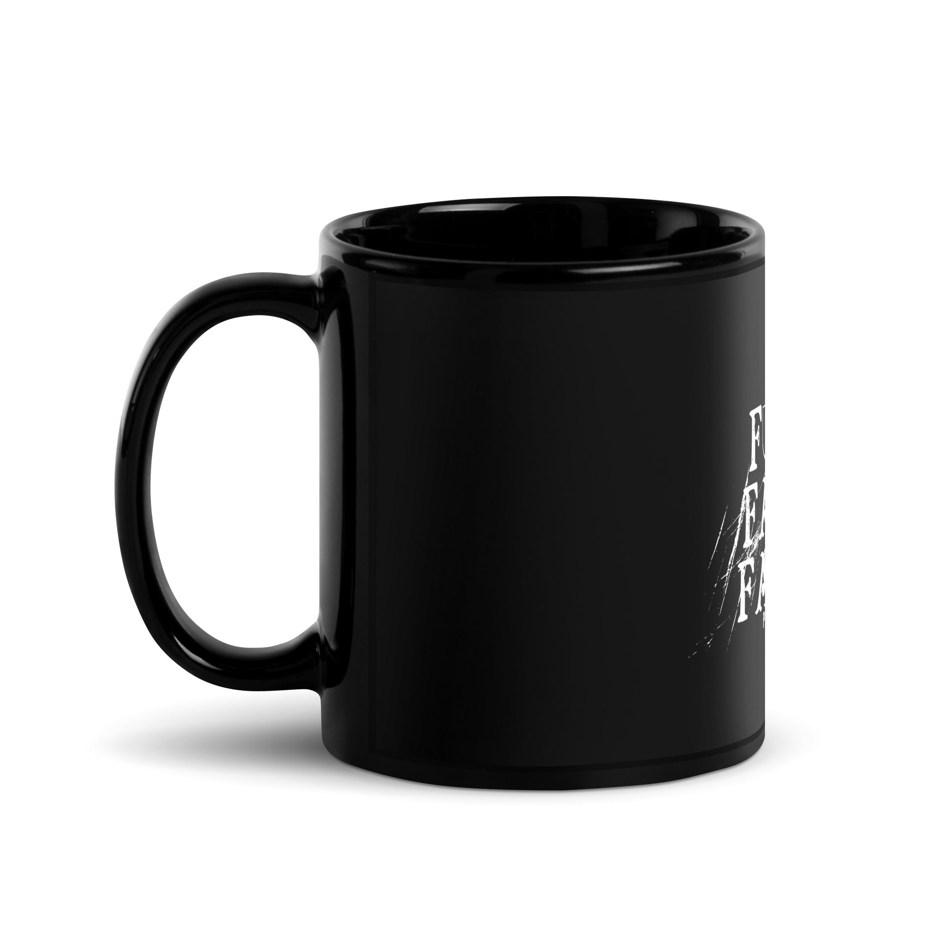 Black mug with white text on a white background