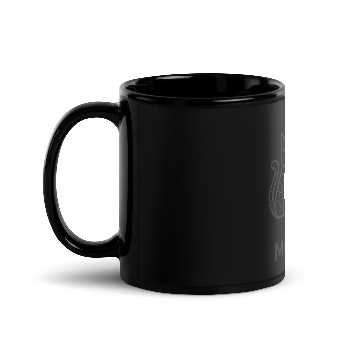 Black mug with a logo on a white background