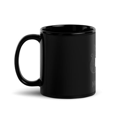Black mug with a logo on a white background