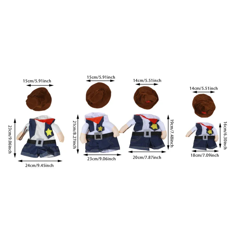 Measurement chart of a toy cowboy outfit with dimensions labeled.