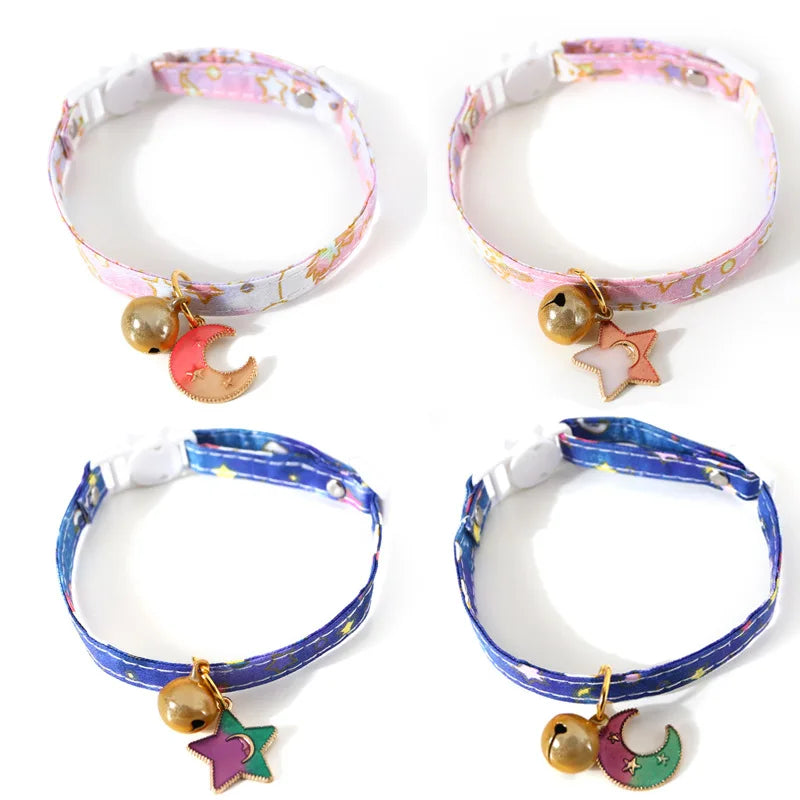 Cute Cat Collars with Moon Pendant Adjustable Safety Kitten Collar Puppy Chihuahua Raabit Necklace with Bells Pets Accessories
