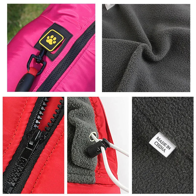 Collage of close-up images of a pink and red jacket with zipper, fabric texture, and 'Made in China' label.