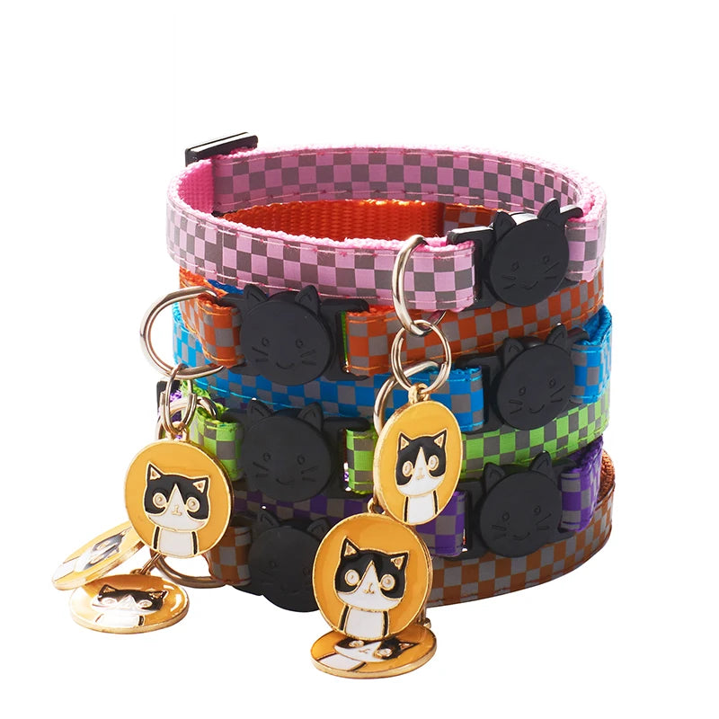 Close-up of reflective grid pattern on cat collar showing high-visibility design
