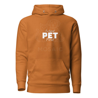 Orange hoodie with 'Certified PET Parent' text on a white background