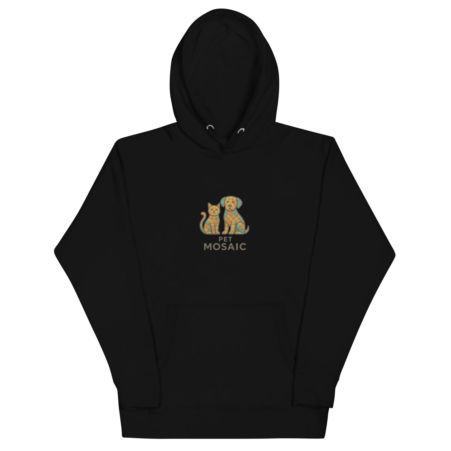 Black hoodie with a logo of a cat and dog and 'Pet Mosaic' text on a white background