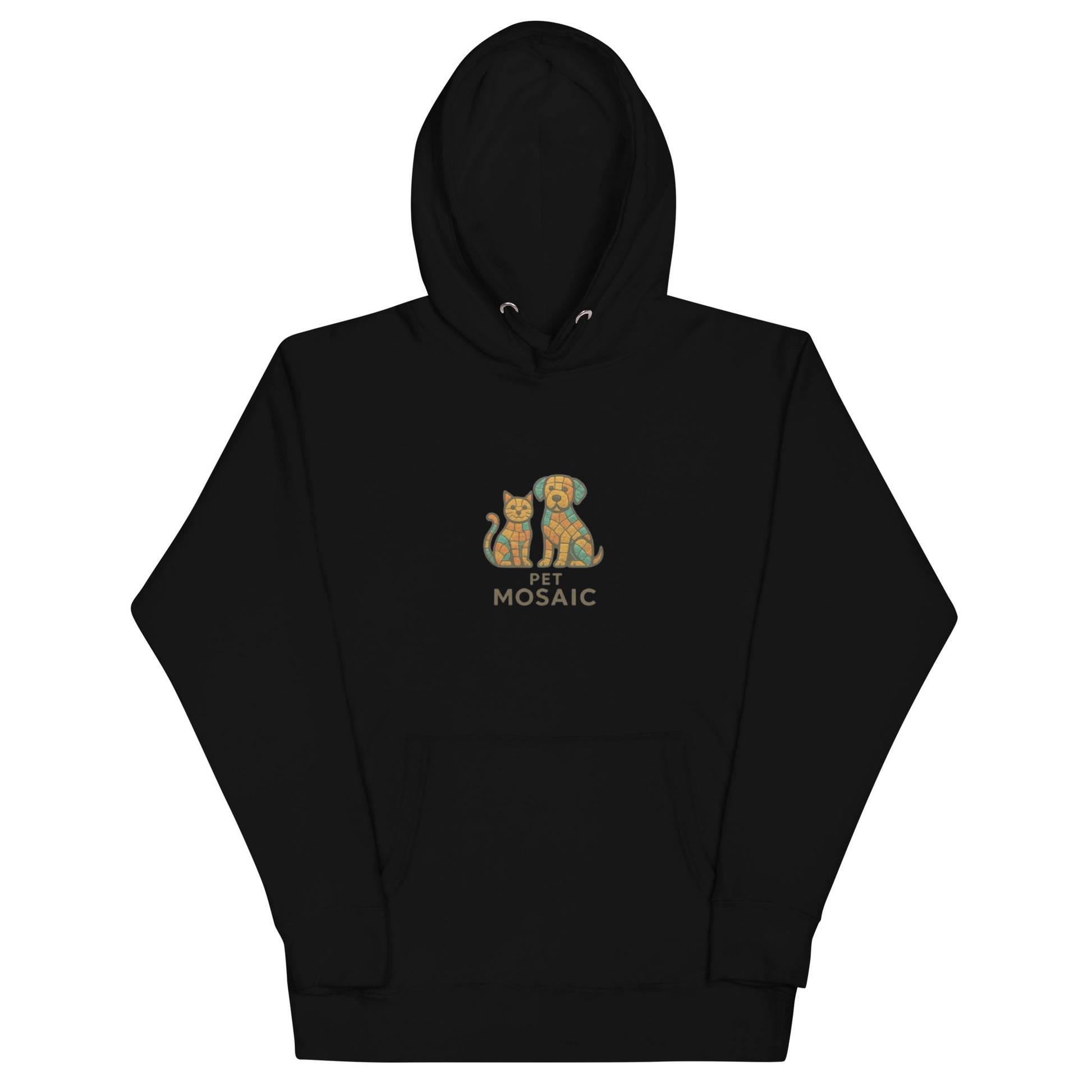 Black hoodie with a logo of a cat and dog and 'Pet Mosaic' text on a white background