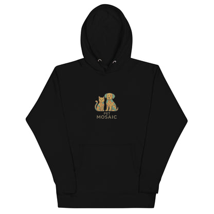 Black hoodie with a logo of a cat and dog and 'Pet Mosaic' text on a white background