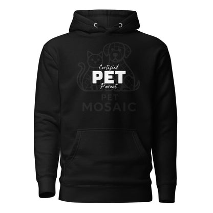 Black hoodie with 'Certified Pet Parent' text on a white background