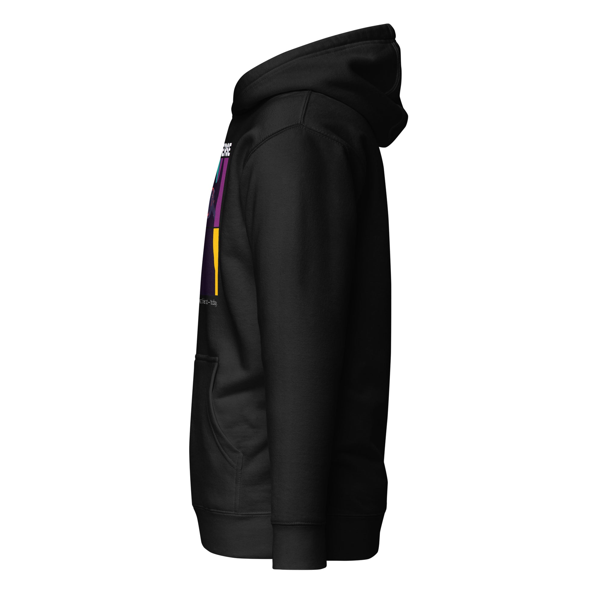Black hoodie with colorful accents on a white background