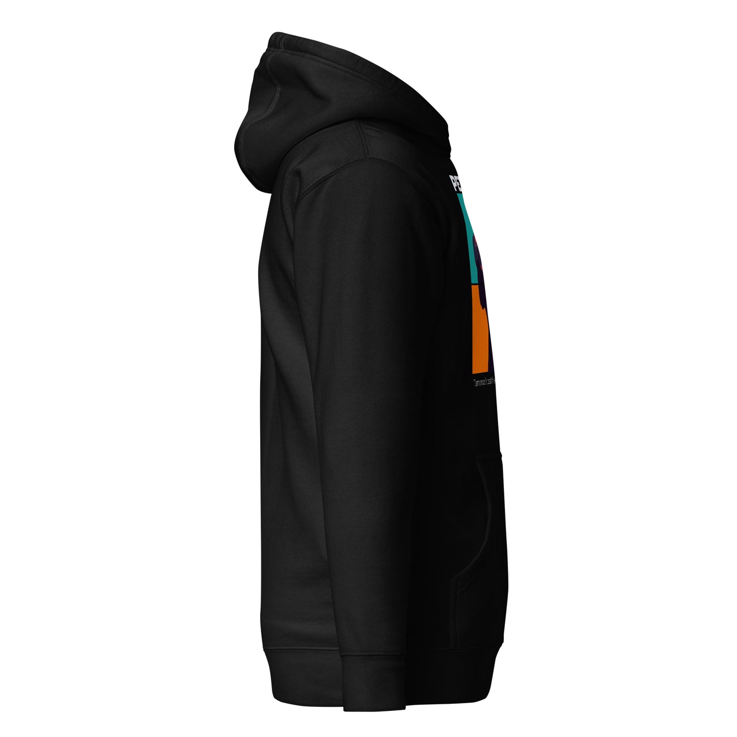 Black hoodie with colorful accents on a white background
