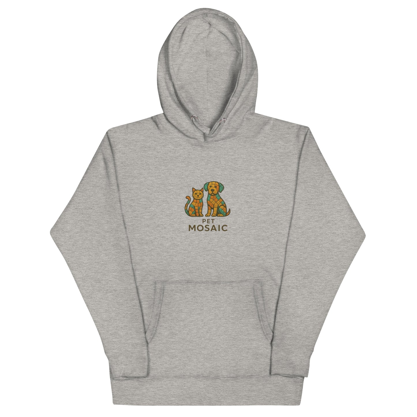 Gray hoodie with a graphic of two dogs and text on a white background