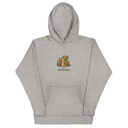 Gray hoodie with a graphic of two dogs and text on a white background