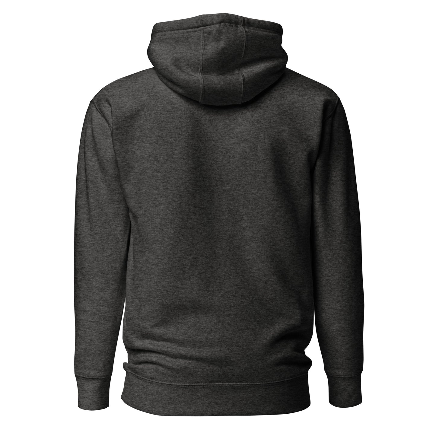 Dark gray hoodie shown from the back on a white background