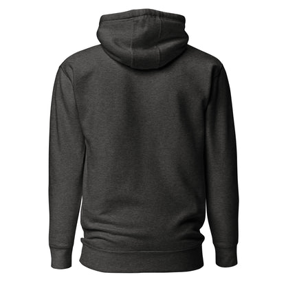 Dark gray hoodie shown from the back on a white background