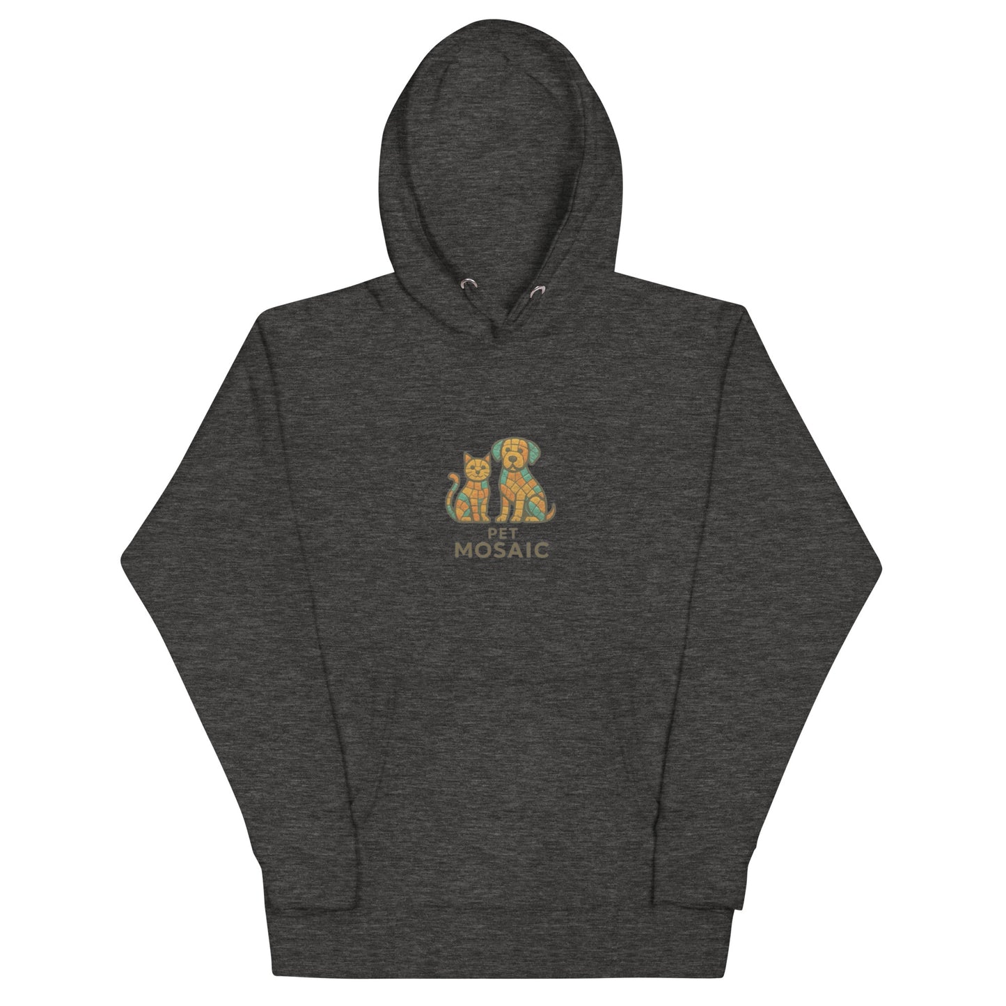 Dark gray hoodie with a colorful graphic of two cats and text on a white background