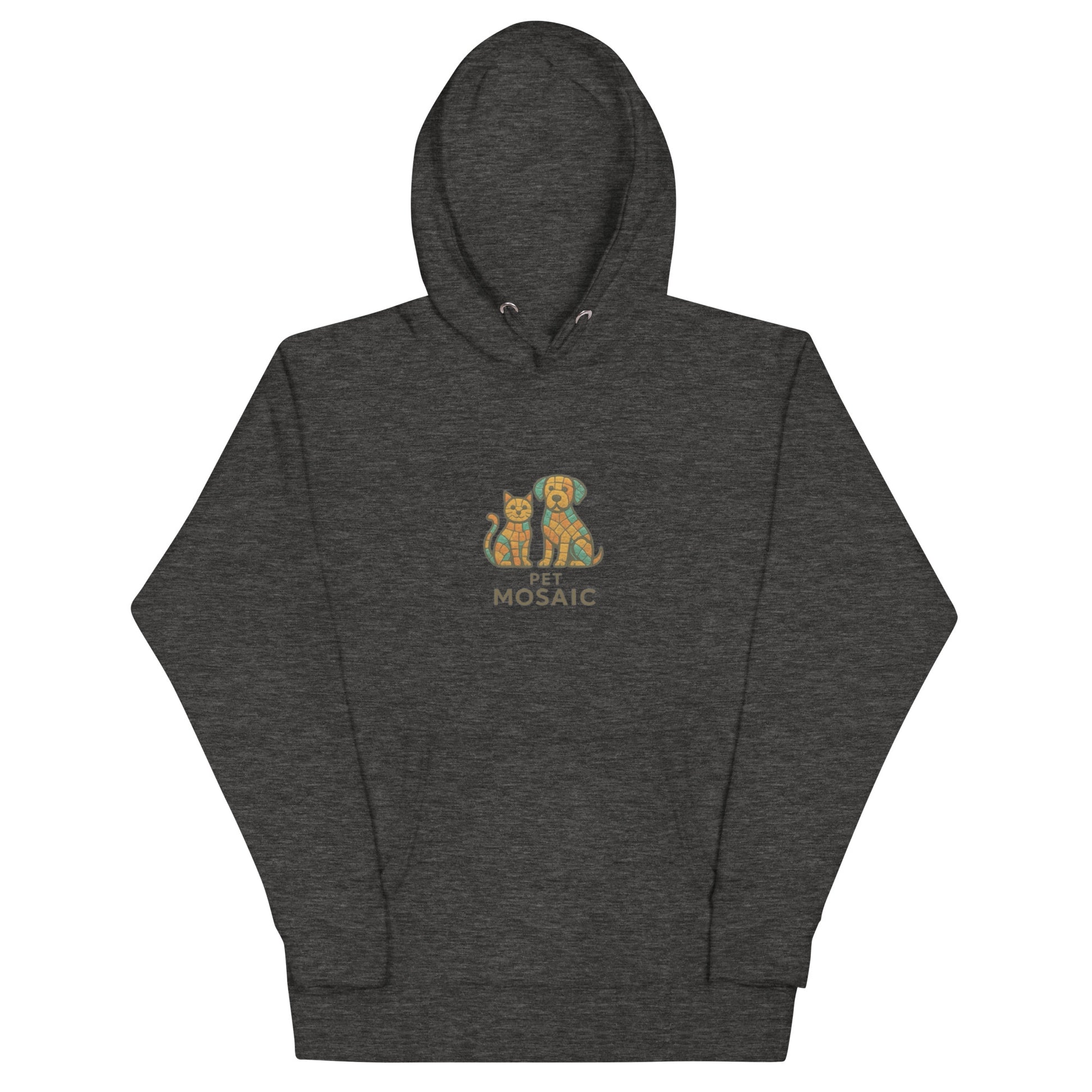Dark gray hoodie with a colorful graphic of two cats and text on a white background