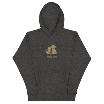Dark gray hoodie with a colorful graphic of two cats and text on a white background
