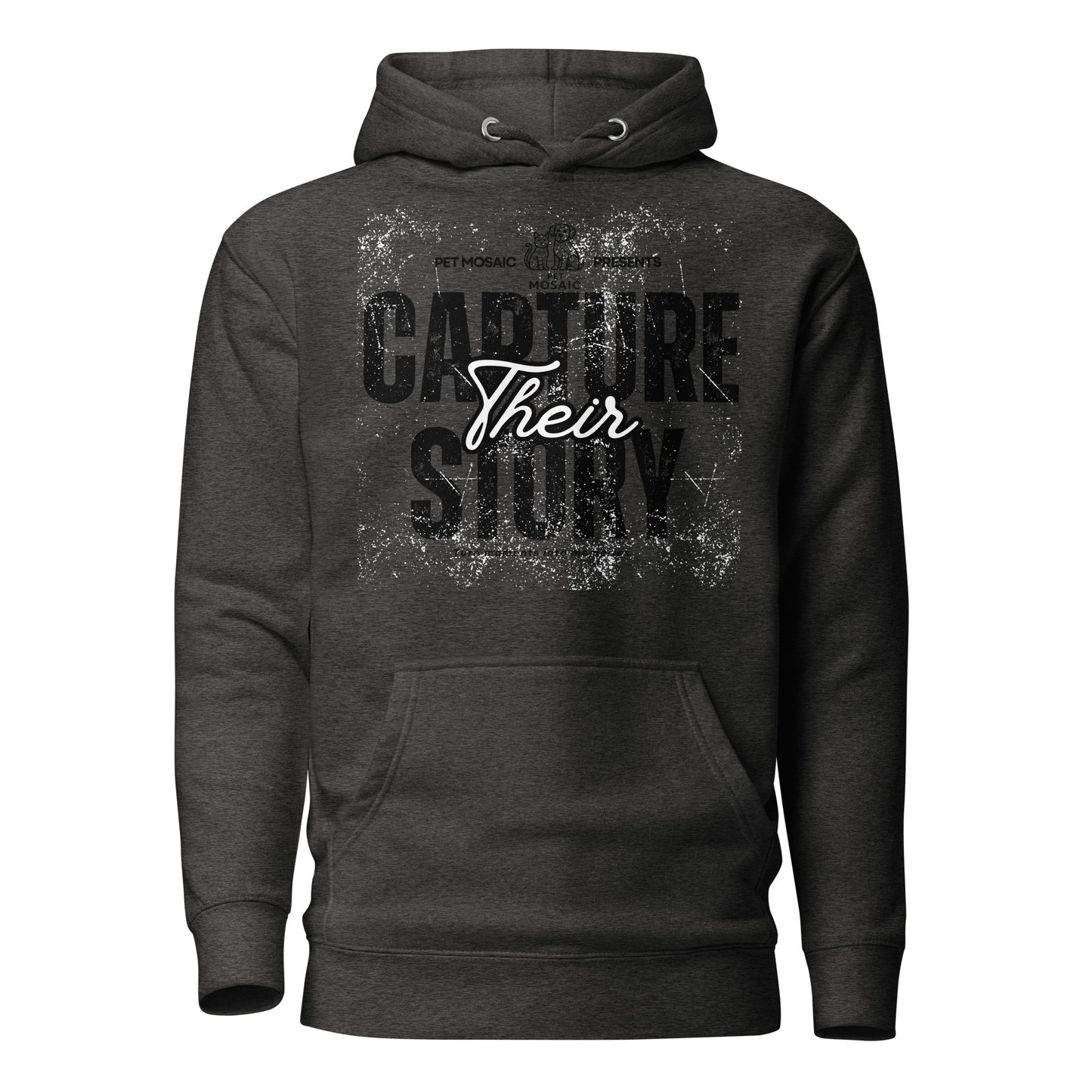 Dark gray hoodie with text design on a white background