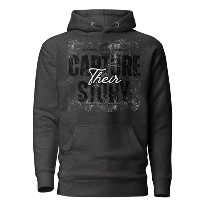 Dark gray hoodie with text design on a white background