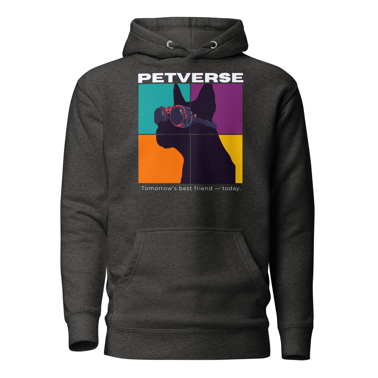 Black hoodie with colorful graphic and 'PETVERSE' text on a white background