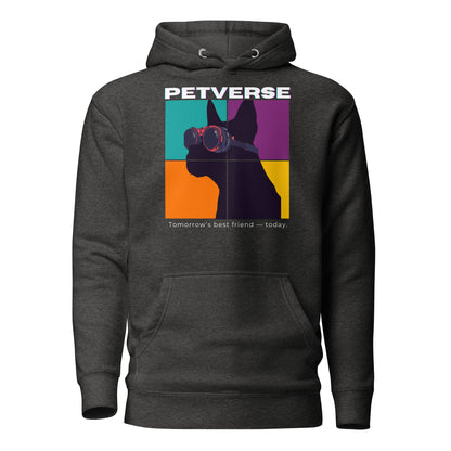 Black hoodie with colorful graphic and 'PETVERSE' text on a white background