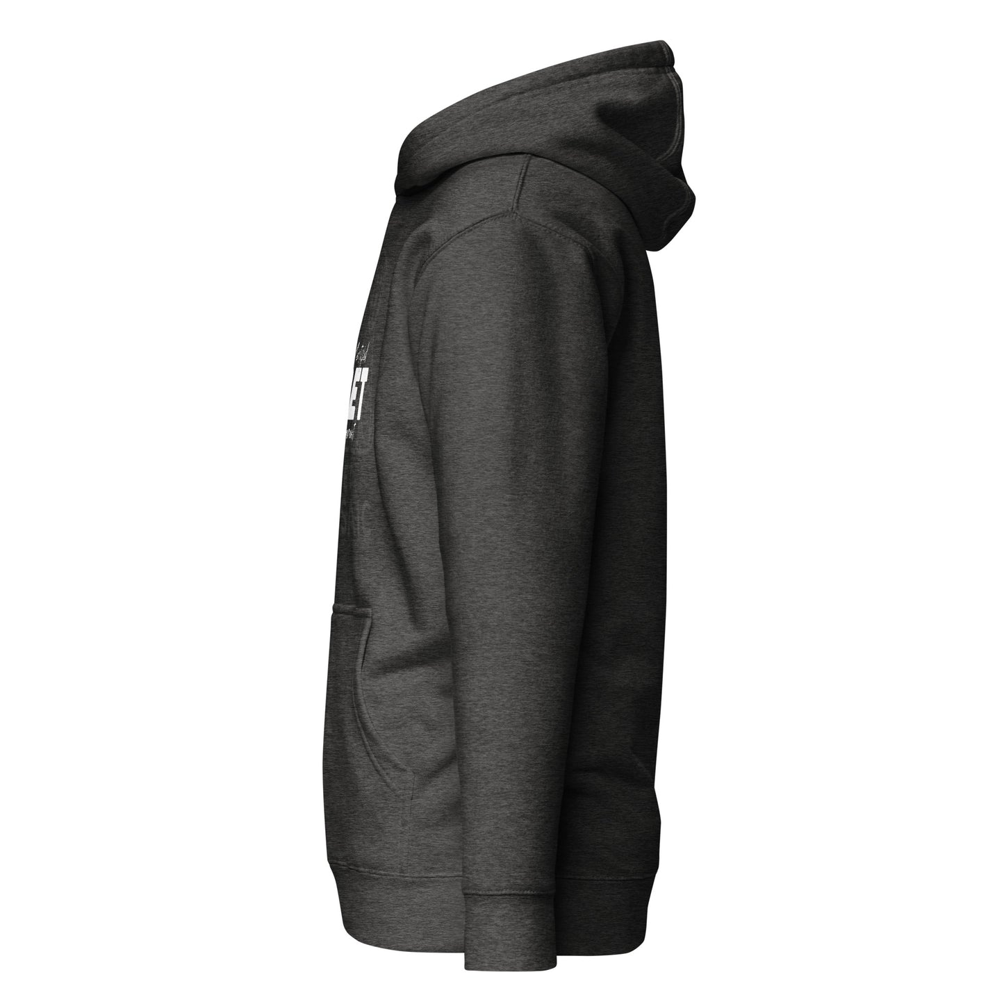 Dark gray hoodie with a brand logo on a white background