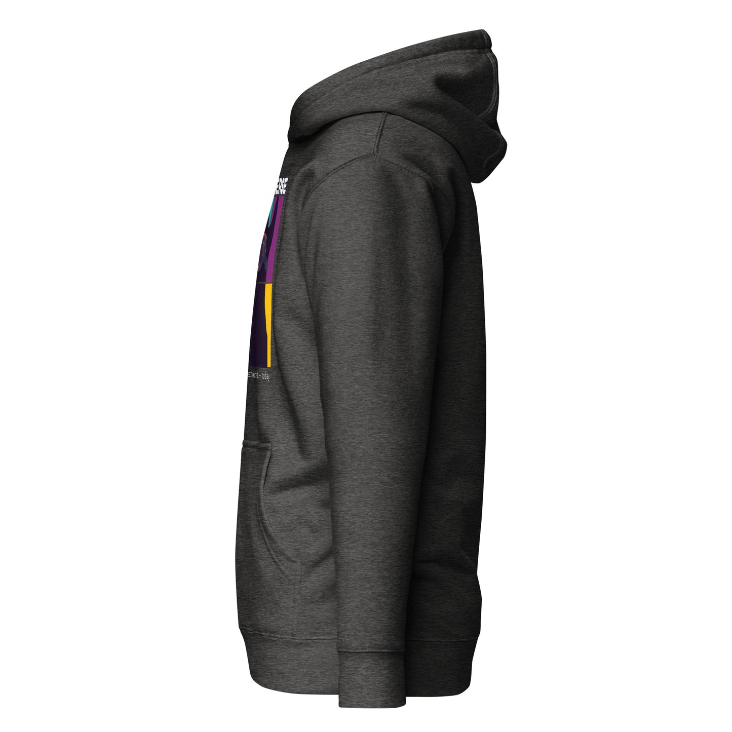 Dark gray hoodie with colorful accents on a white background