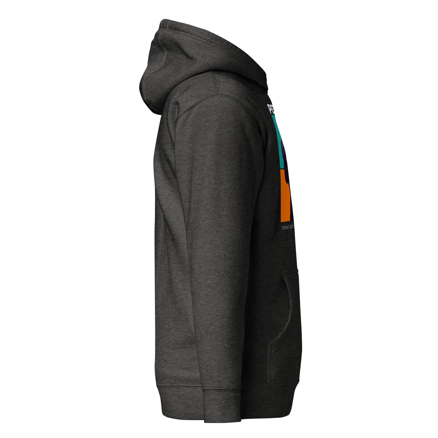 Gray hoodie with colorful side panels on a white background