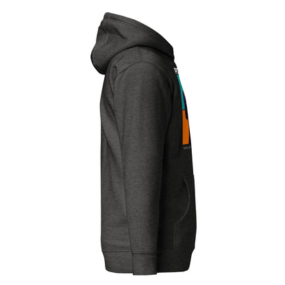 Gray hoodie with colorful side panels on a white background