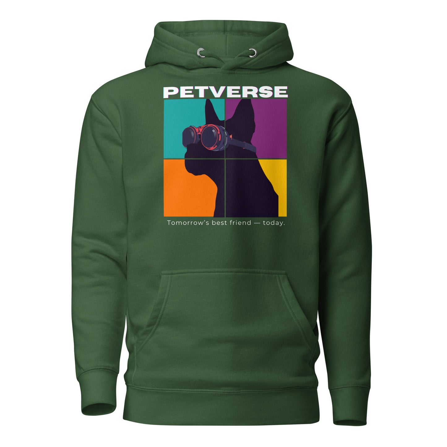 Green hoodie with a colorful graphic of a dog and 'PETVERSE' branding on a white background