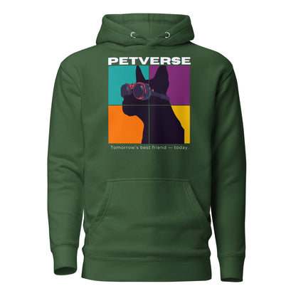 Green hoodie with a colorful graphic of a dog and 'PETVERSE' branding on a white background