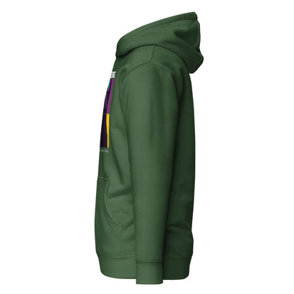 Green hoodie with a colorful patch on the sleeve against a white background