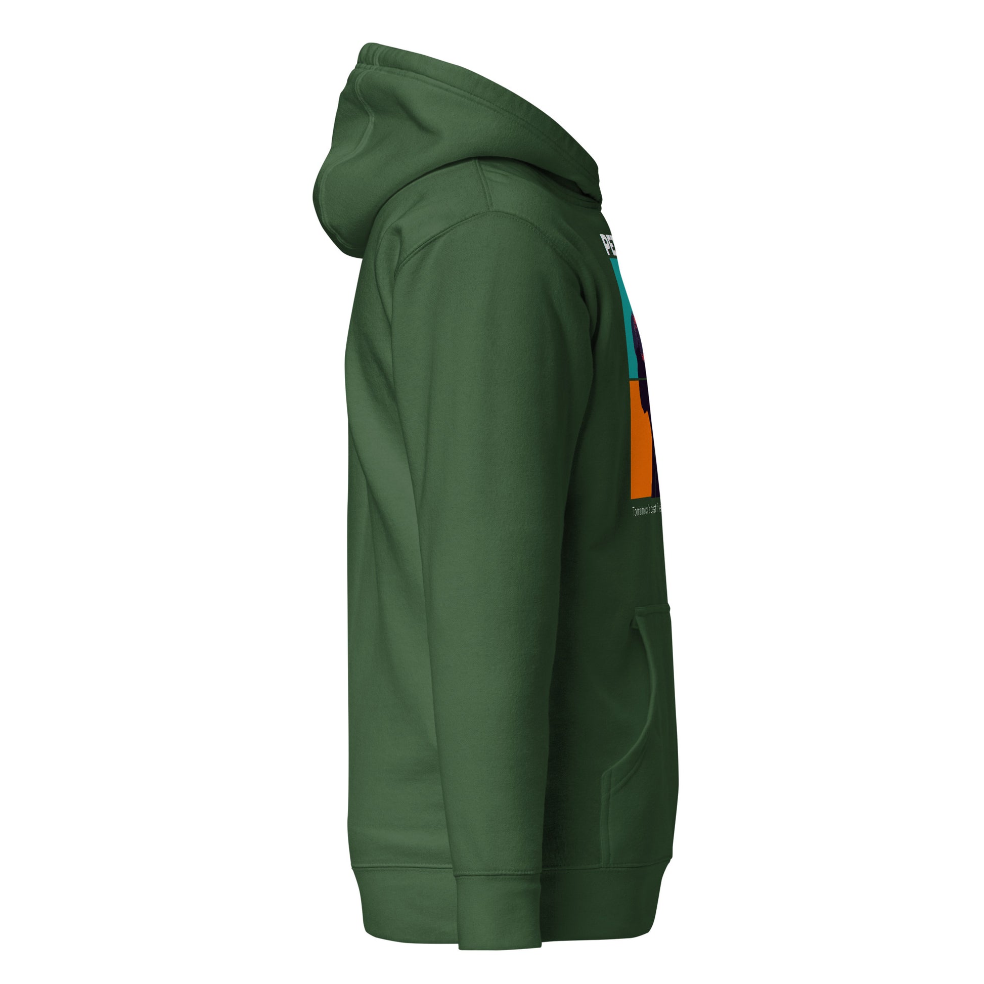Green hoodie with colorful accents on a white background