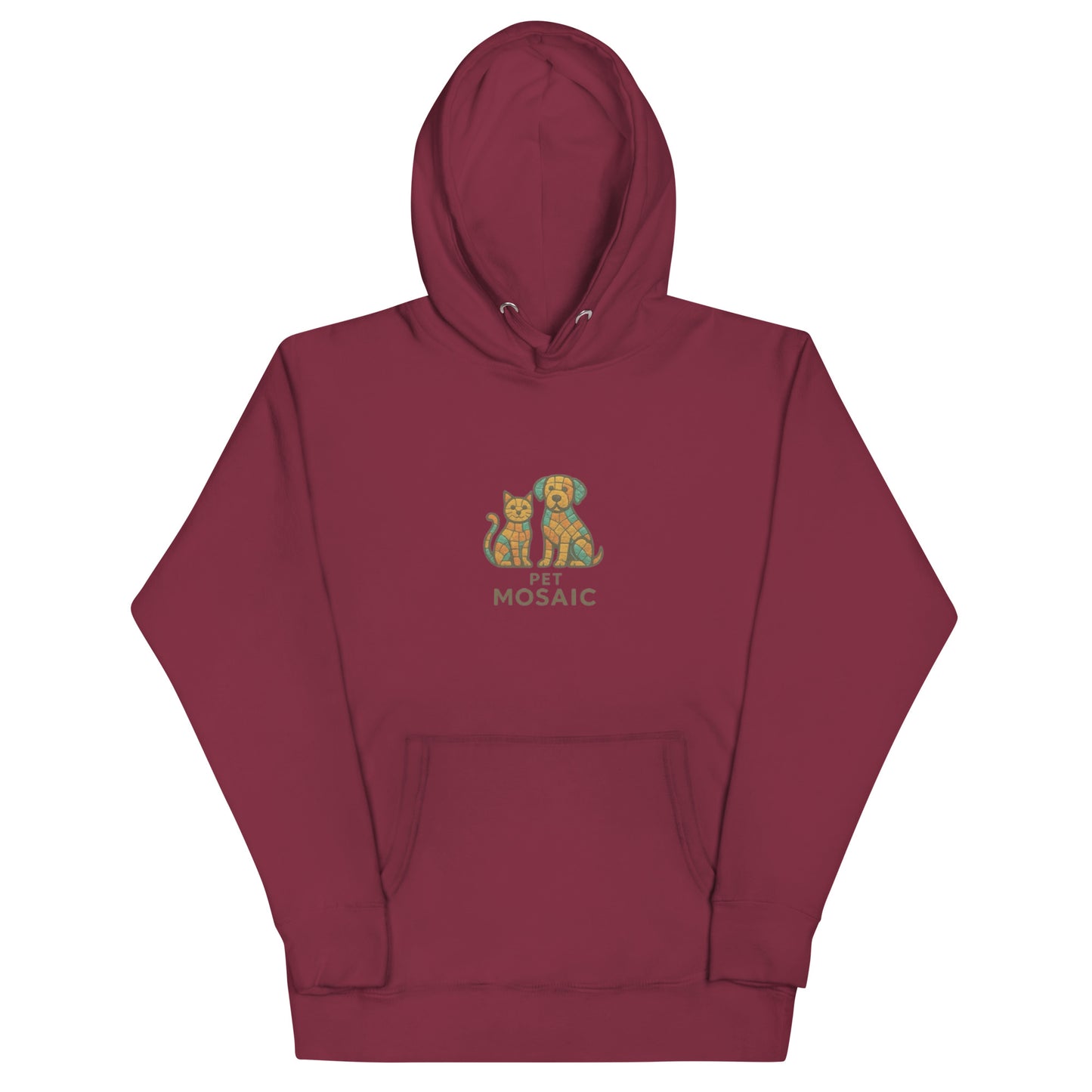 Maroon hoodie with a graphic of two cats and text on a white background