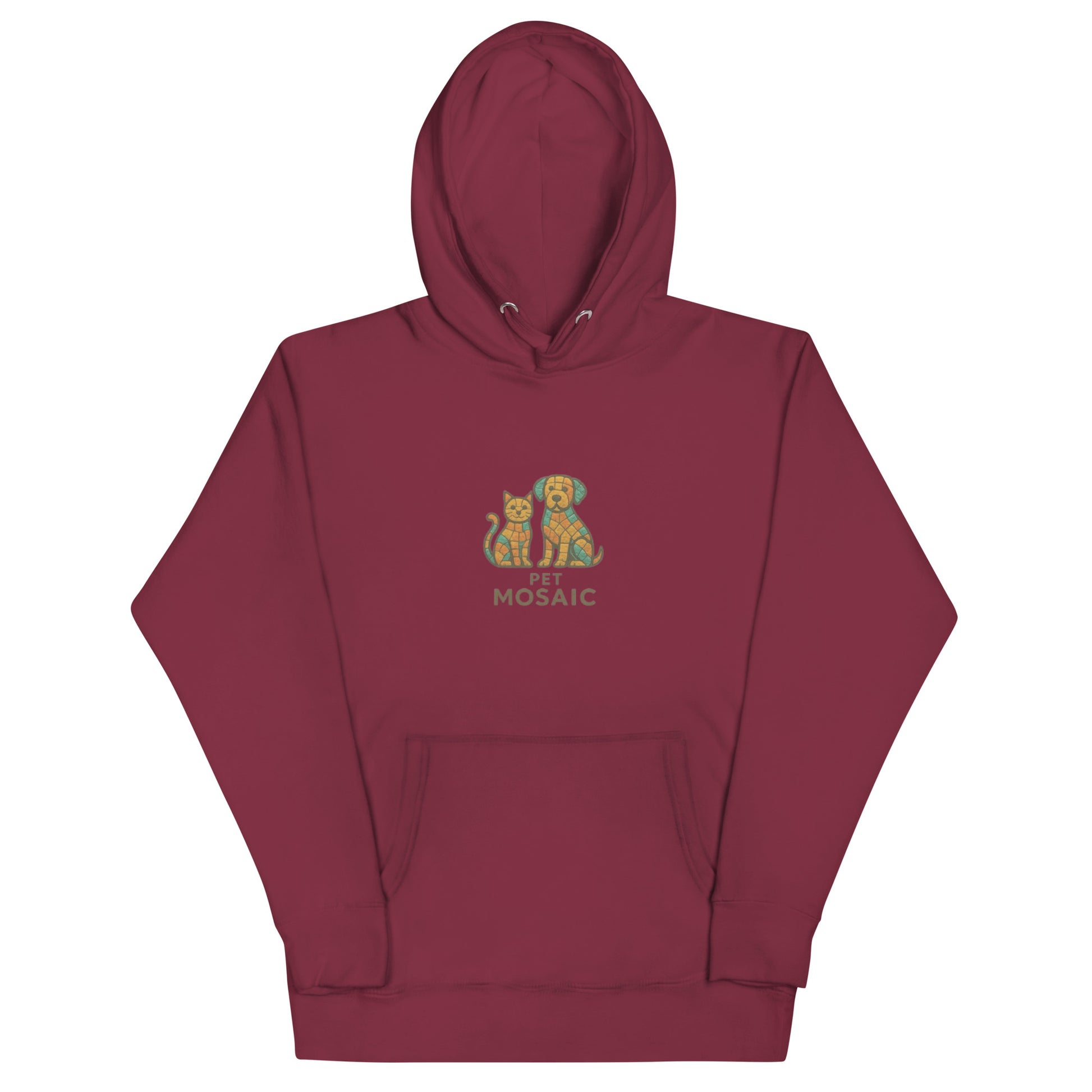 Maroon hoodie with a graphic of two cats and text on a white background