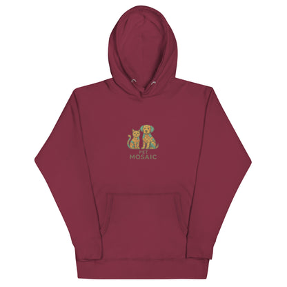 Maroon hoodie with a graphic of two cats and text on a white background
