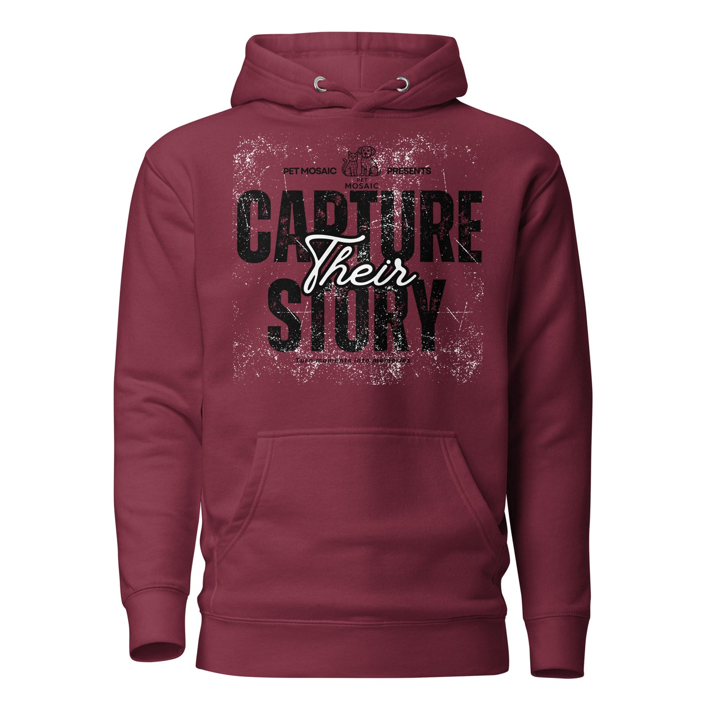 Maroon hoodie with text 'Capture Their Story' on a white background