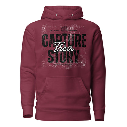 Maroon hoodie with text 'Capture Their Story' on a white background