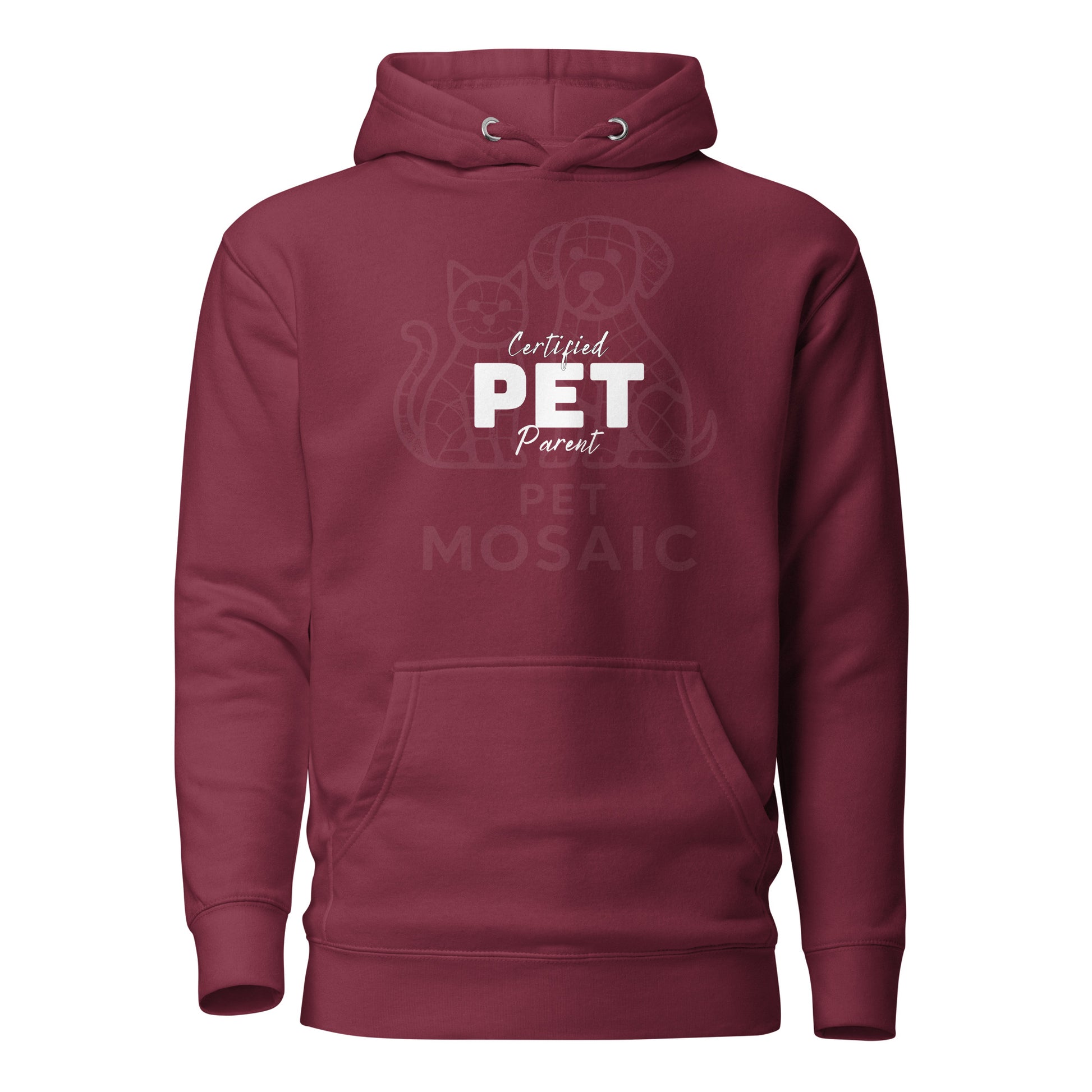 Maroon hoodie with 'Certified PET Parent' text on a white background