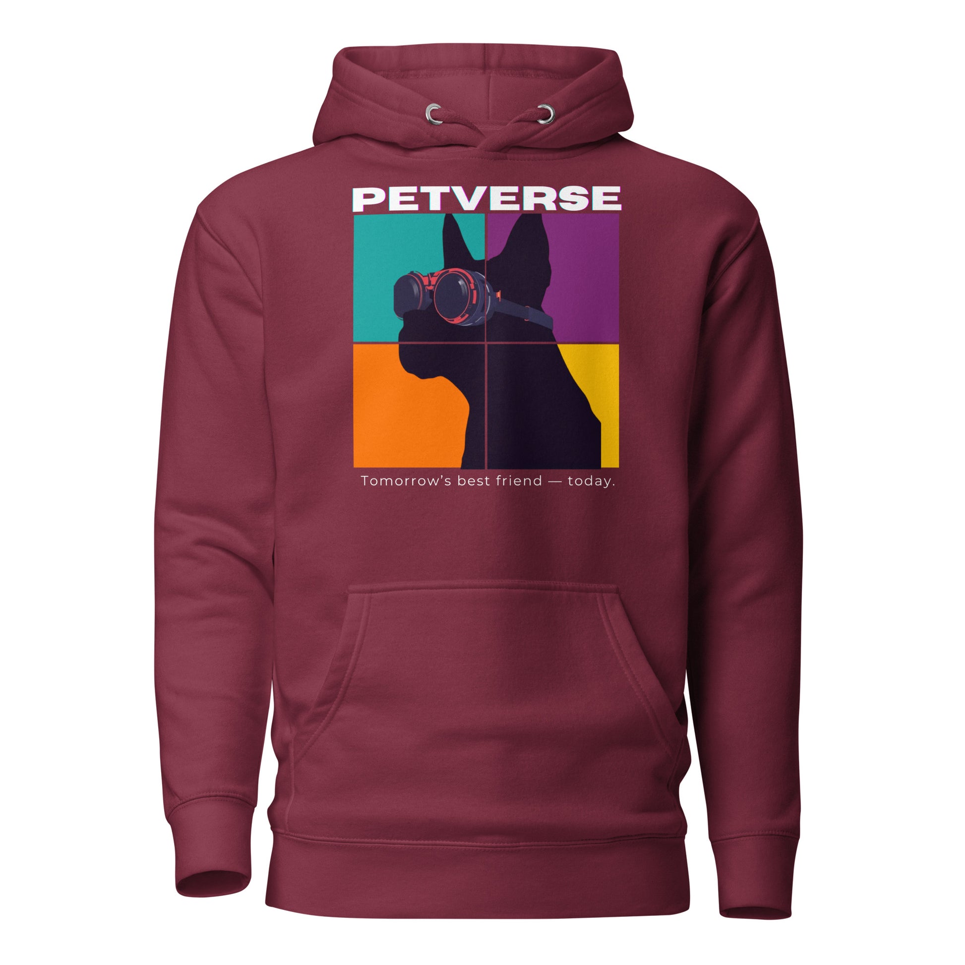 Maroon hoodie with a dog graphic and 'Petverse' text on a white background