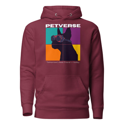 Maroon hoodie with a dog graphic and 'Petverse' text on a white background