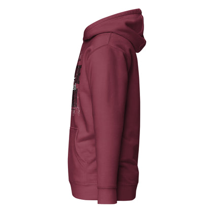 Maroon hoodie with a small graphic on the sleeve against a white background