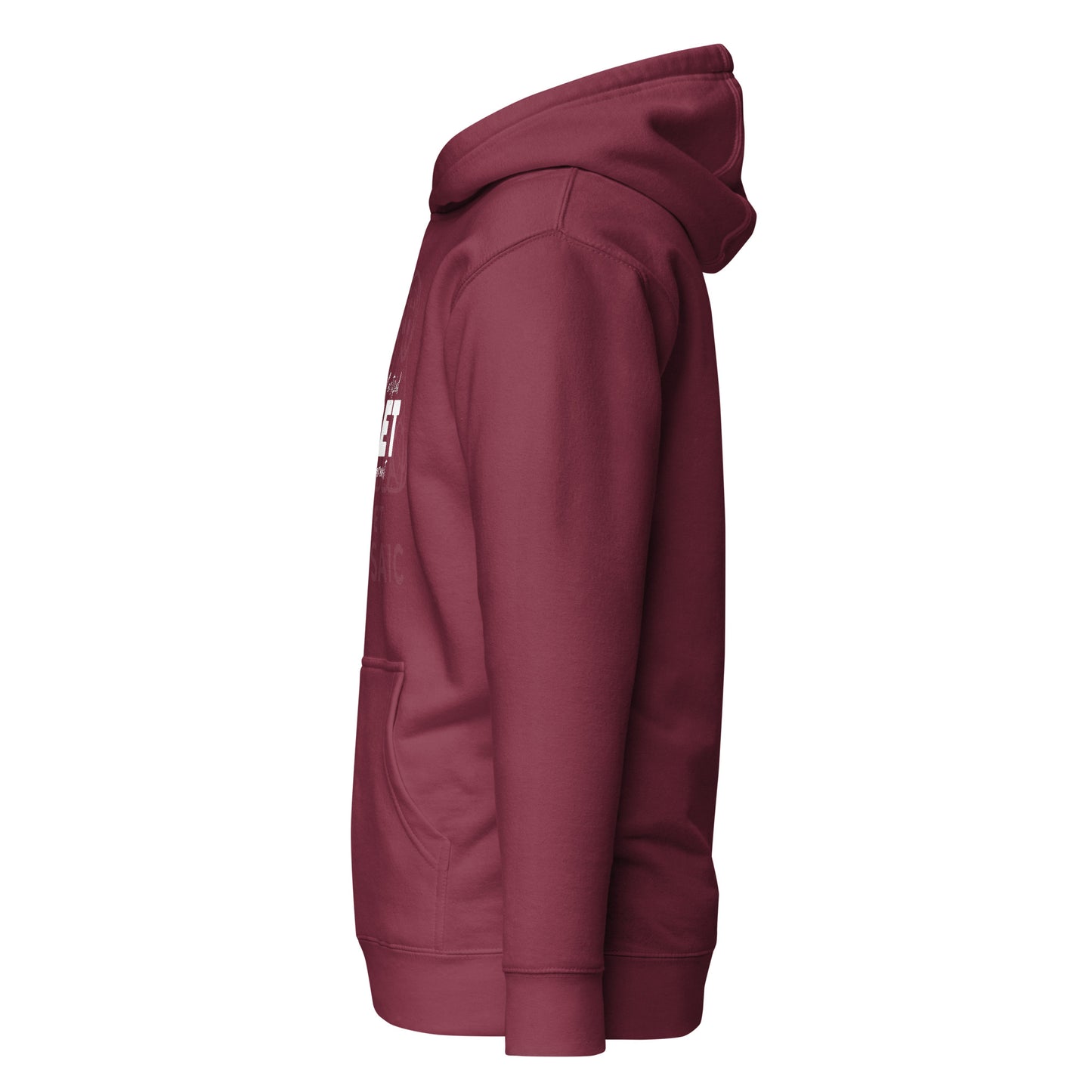 Maroon hoodie with a brand logo on a white background