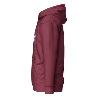 Maroon hoodie with a brand logo on a white background