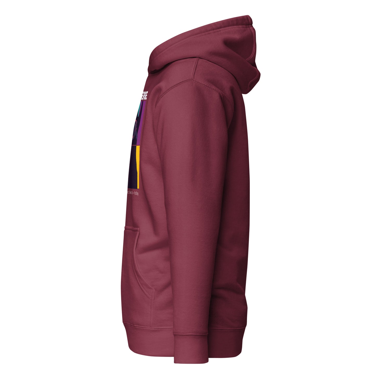 Maroon hoodie with a colorful patch on the sleeve against a white background