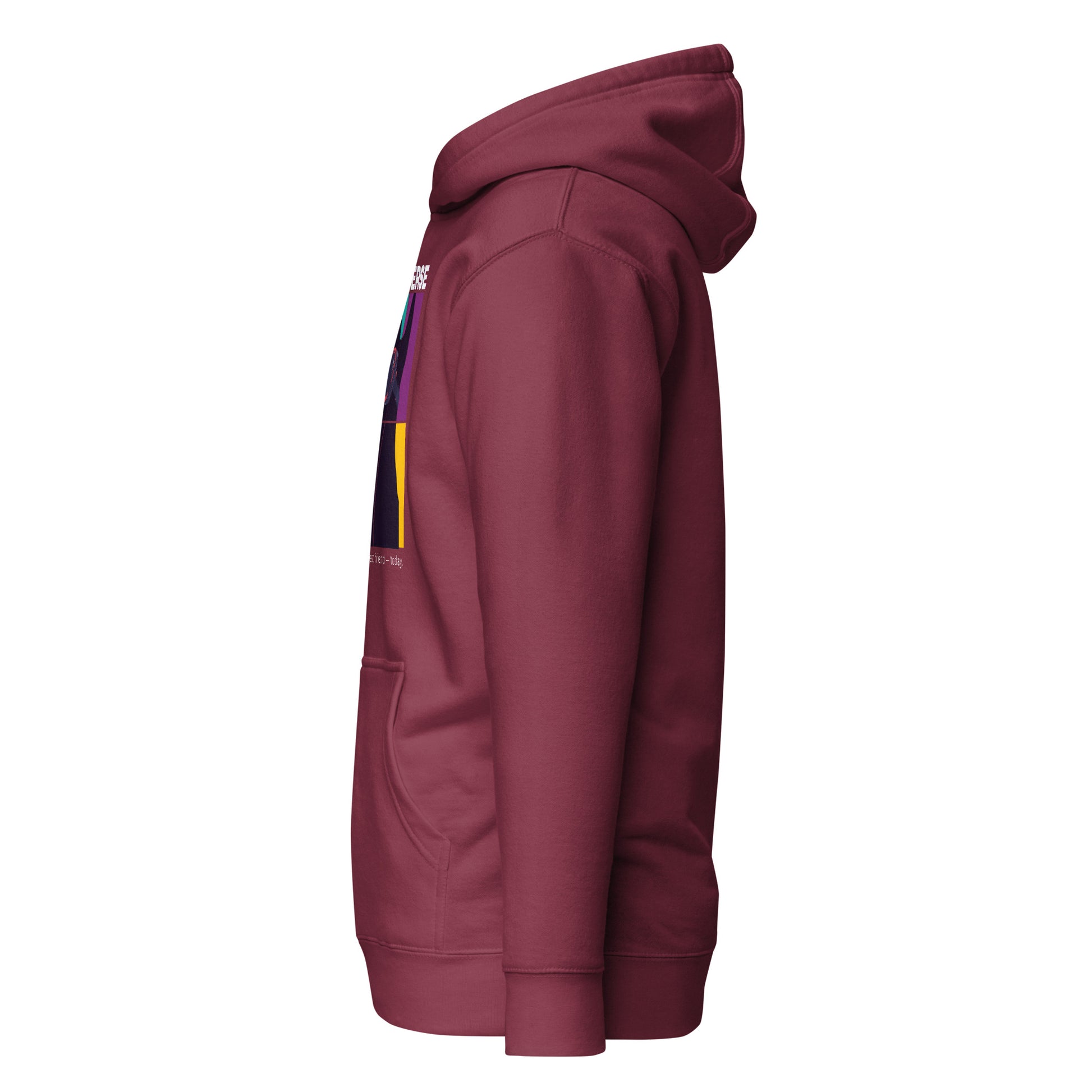 Maroon hoodie with a colorful patch on the sleeve against a white background