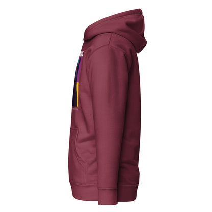 Maroon hoodie with a colorful patch on the sleeve against a white background