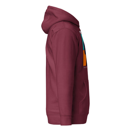 Maroon hoodie with colorful accents on a white background
